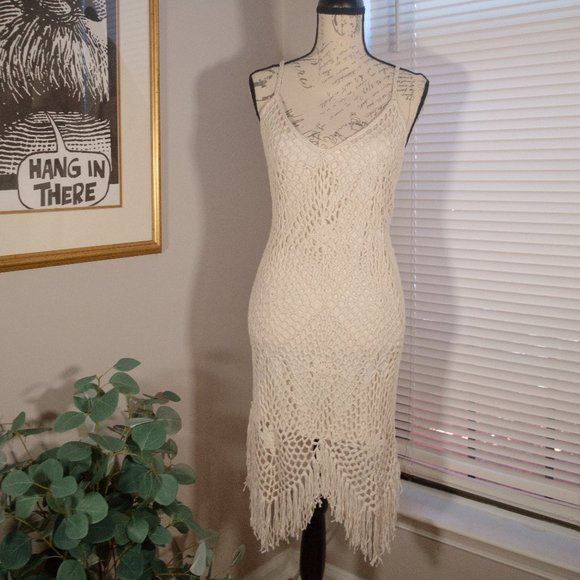 Lulu's Macramé Knit Cream Beachy Wedding Honeymoon Vacation Dress Size Large - Picture 1 of 2